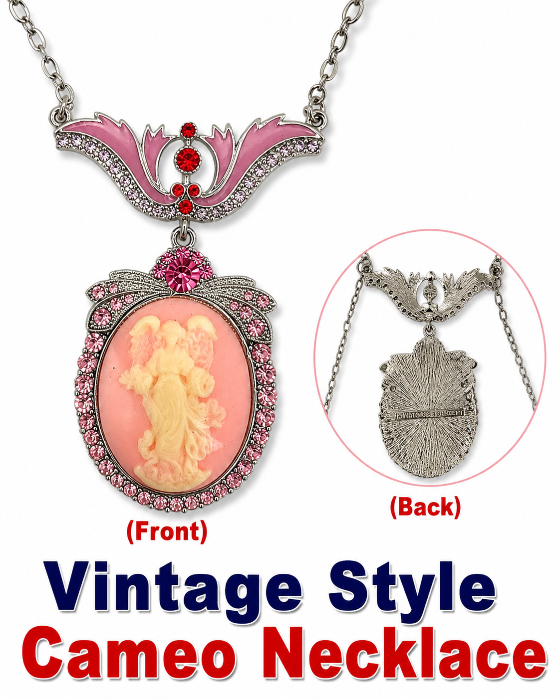 (Set of 3) Flower Pink Angel Cameo Vintage Style Dangle Pendant Chain Necklace