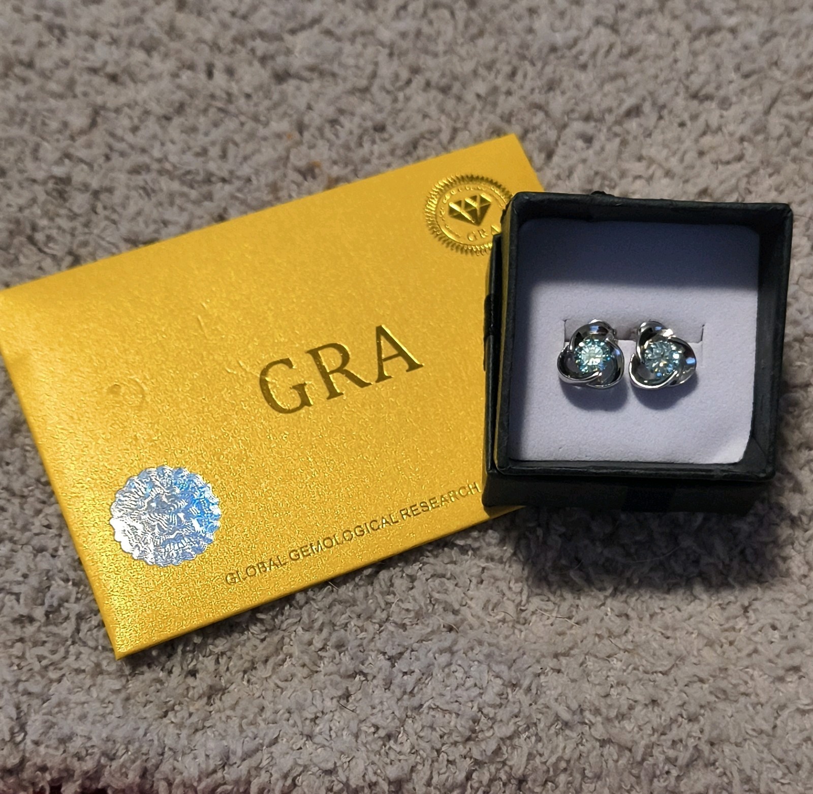 Blue Green Moissanite Stud Earrings 1.0 Ct Butterfly Back GRA Cert