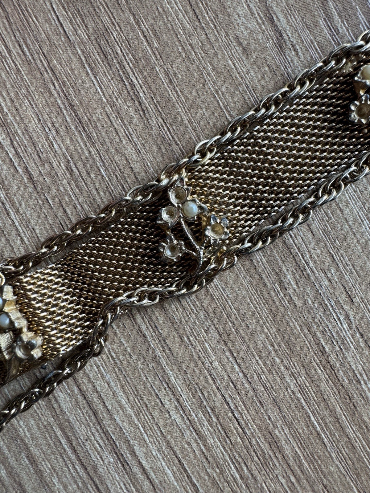 Goldette N.Y.C. Gold Tone Mesh Chain Bracelet Pearl Charms Signed Box 7 in