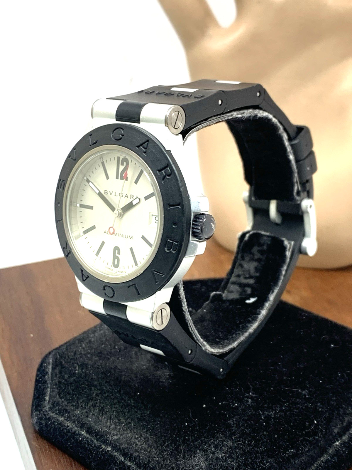Bvlgari Men’s Watch AL38A Aluminum Swiss Automatic Silver Dial Black Rubber 38mm