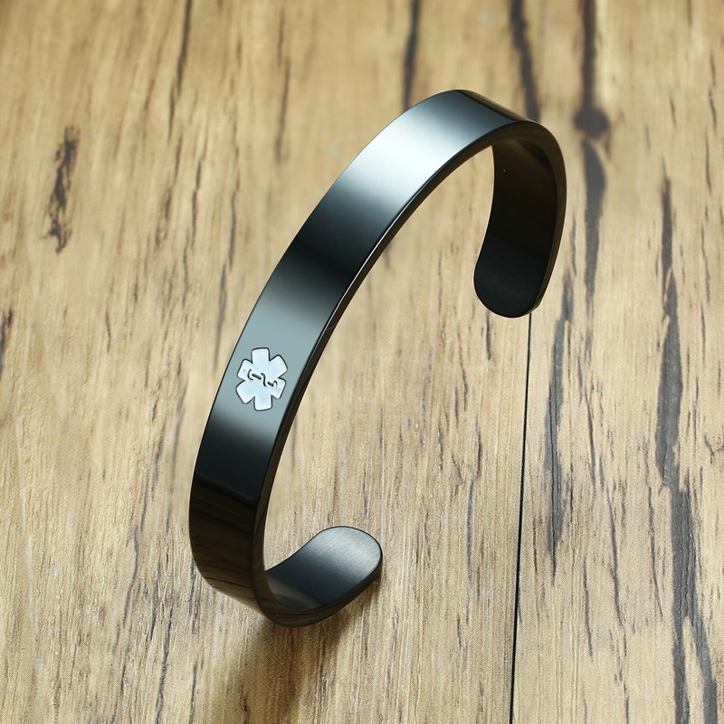 8mel2 Wide Medical Alert ID ICE Bangle Bracelet Cuff First Aid DIY Engraving Bla