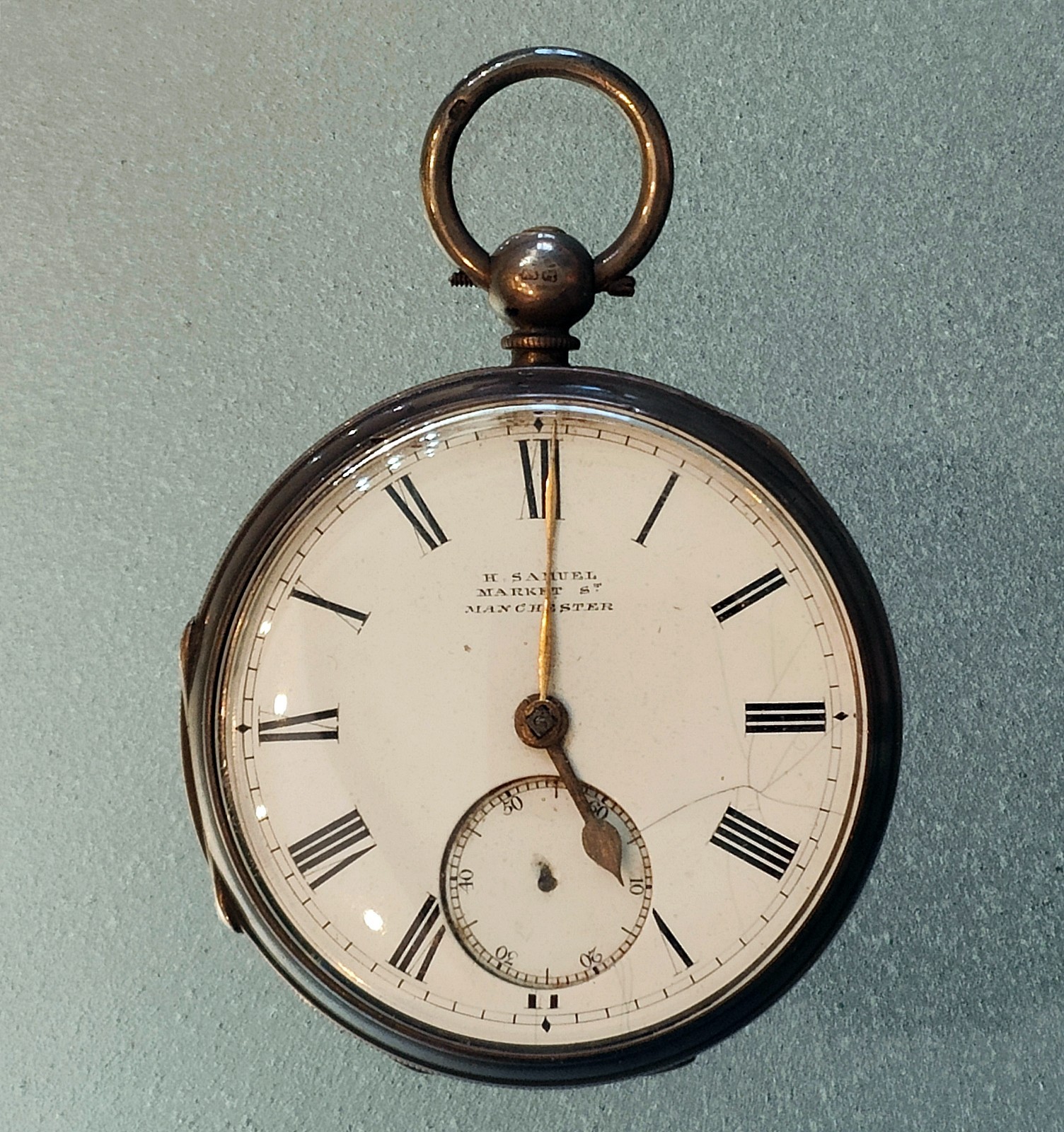 H SAMUEL MARKET STREET MANCHESTER POCKET WATCH DIAMETER 5CM 800 SILVER