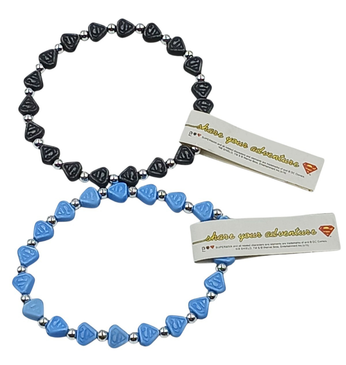 TRRTLZ Superman DC Comics Stretch Bracelet 2 pc Blue Black Silver Bead Spacer