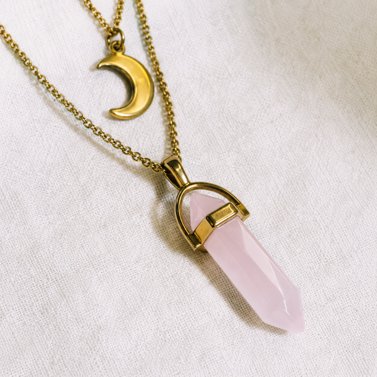 Natural Crystal Point Pendant Necklace Crescent Moon Gemstone Chakra Jewelry