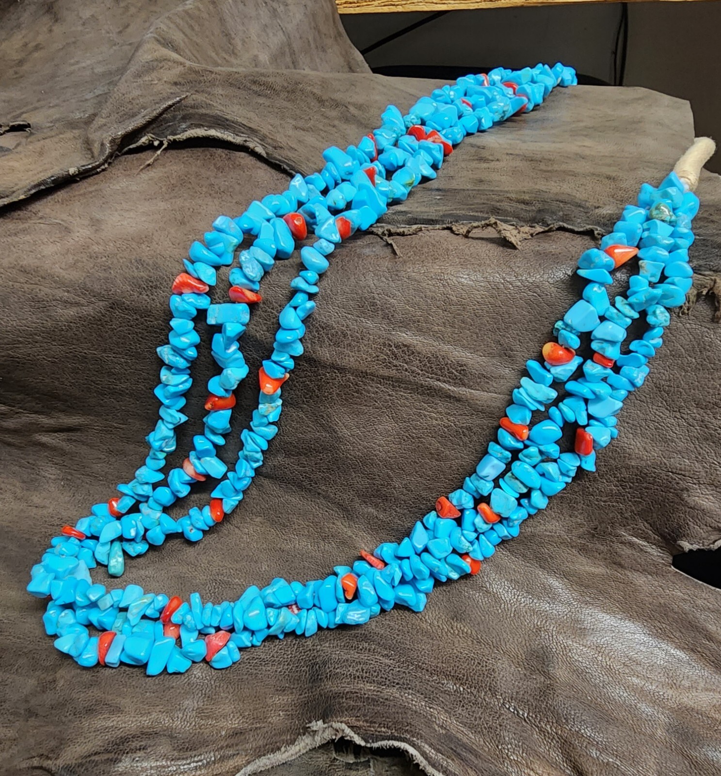 Necklace (N72) Navajo – Turquoise w/ Coral 3-Strand Nuggets