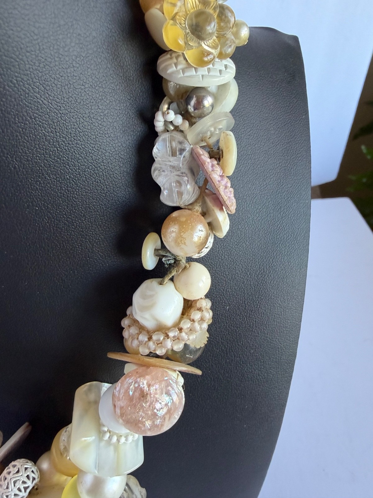 Vintage Necklace Adorned with Buttons, Beads, Buckles & Other Vintage Elements