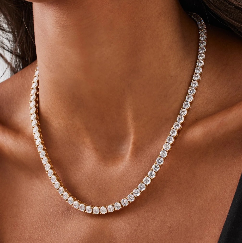 Gold Tone Round Simulated Cubic Zirconia Tennis 22 Inch Chain Necklace Box Clasp
