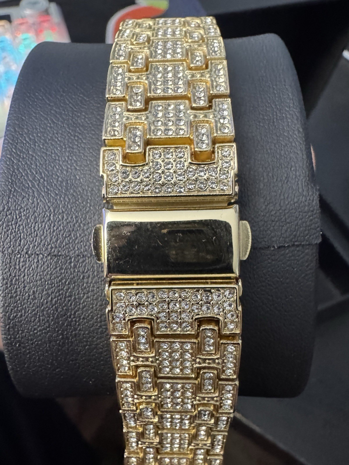 Gold Tone Iced Out Analog Wristwatch, Gem-Set Bezel, Bracelet Band. Never worn.