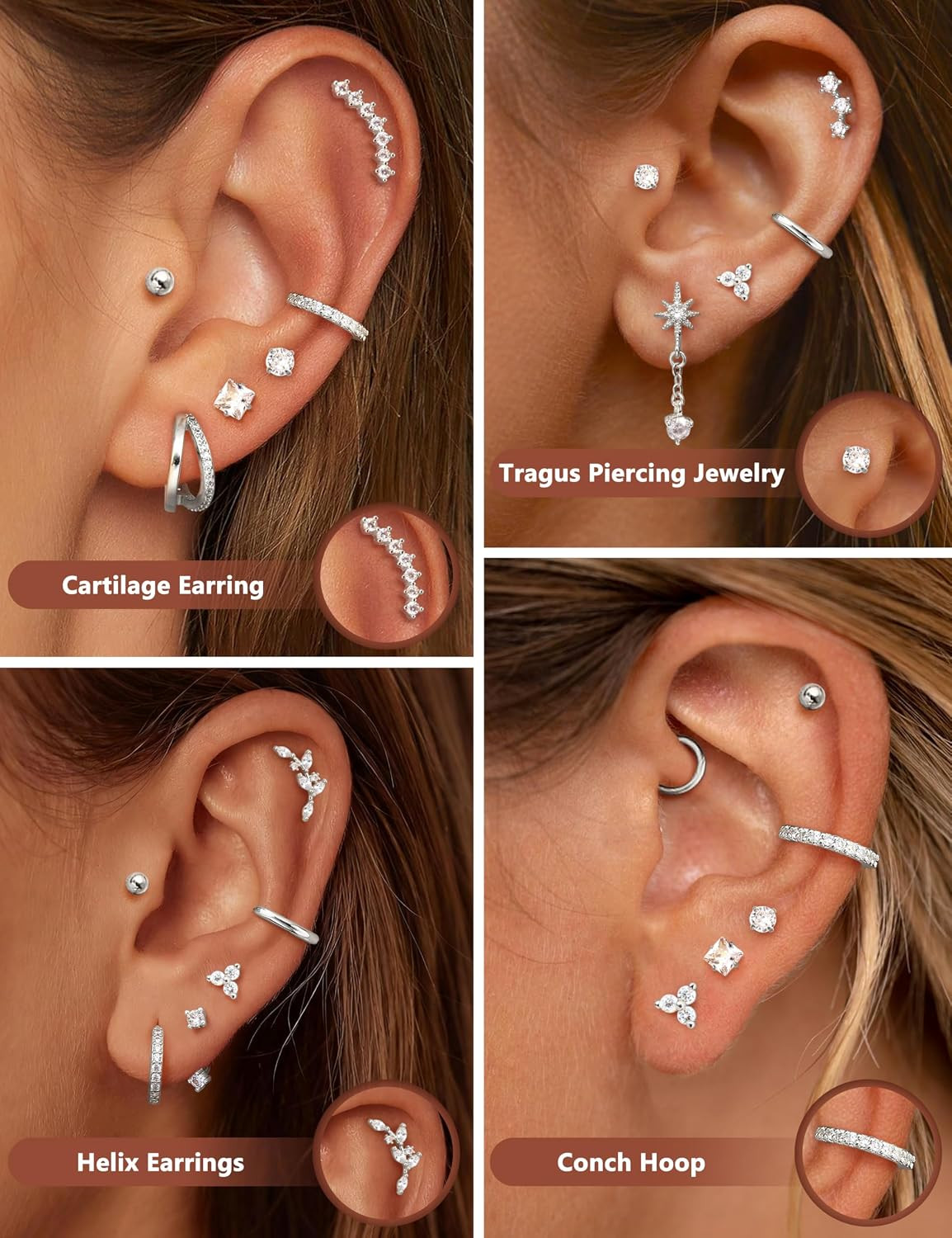 16G Cartilage Earrings for Women Silver Flat Back Earrings Hypoallergenic Surgic