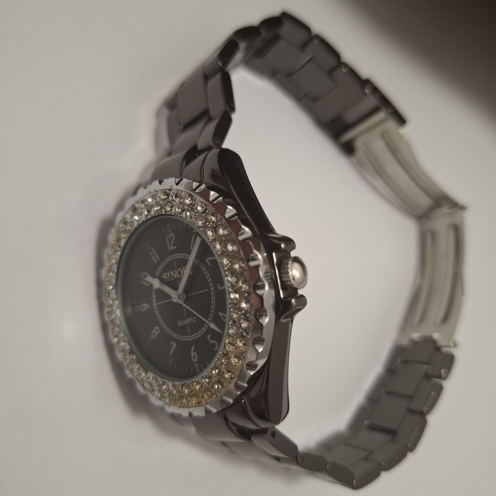 Sinobi Ladies Gunmetal Watch Crystal Bezel Black Dial Quartz New Boxed