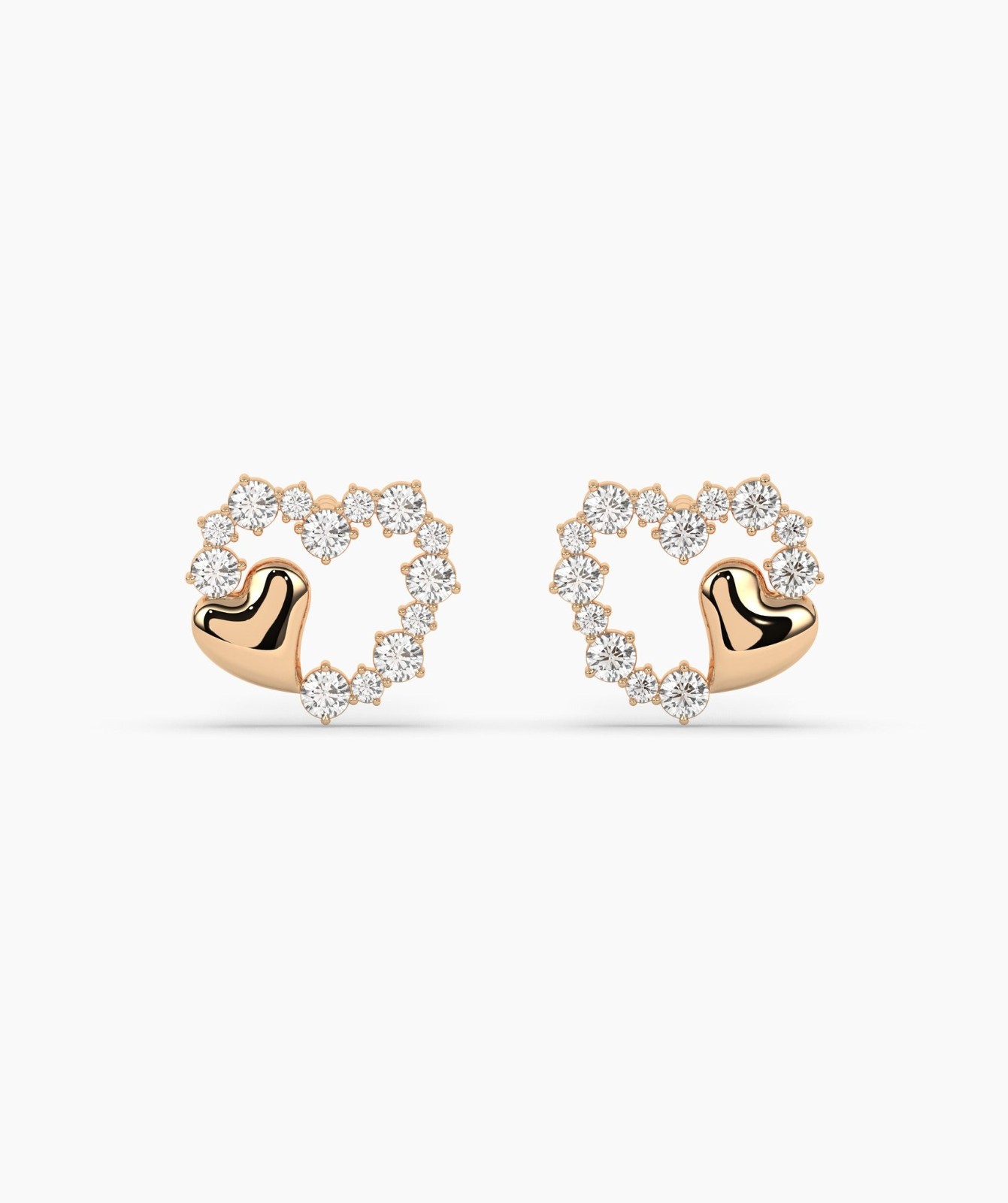 Round Cut Lab Grown Diamond 14K Gold Double Heart Diamond Stud Fine Earrings