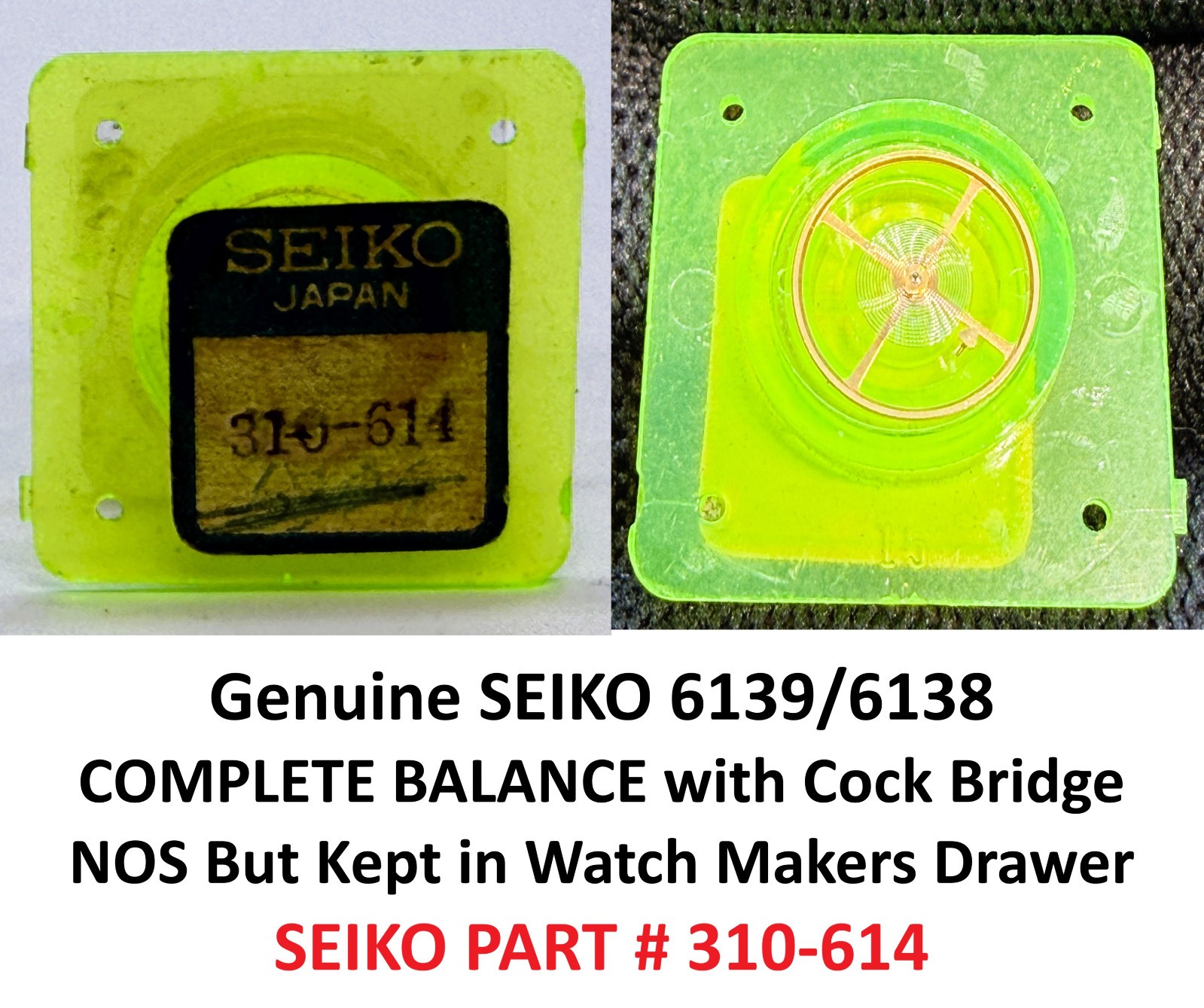 Genuine Seiko 6138 6139 Balance Wheel and cock bridge 310-614 NOS Bullhead Pogue