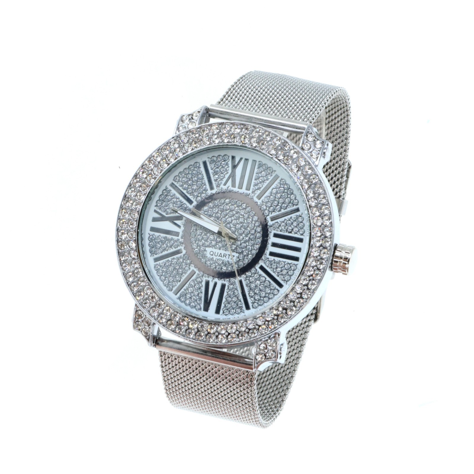 Hip Hop Iced Silver Finish Fashion Metal Mesh Band Bling Watch