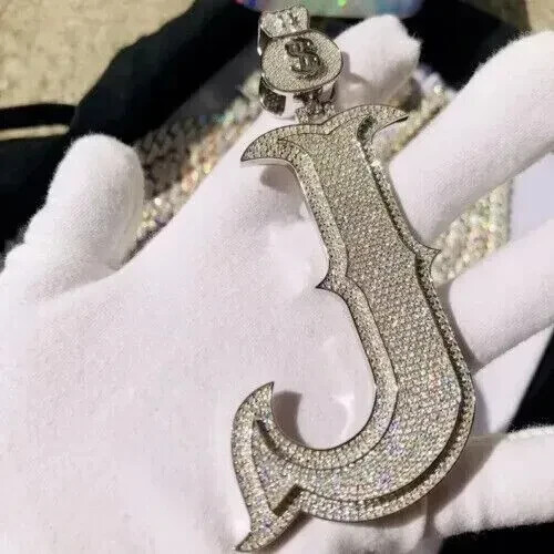 3.50Ct Round Cut Real Moissanite J Letter Men’s Pendant 14k White Gold Plated