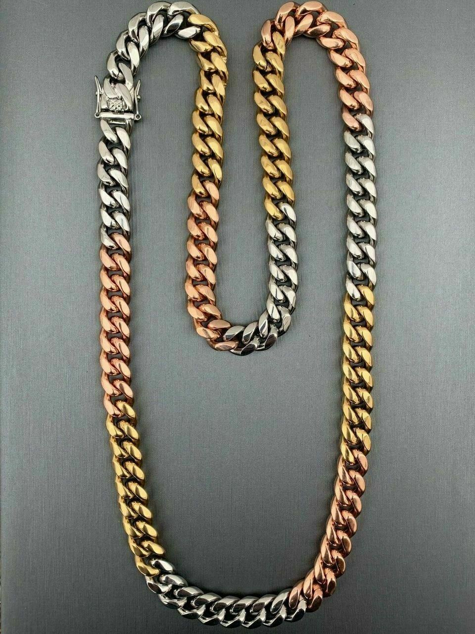 12mm Men’s Miami Cuban Link Chain 3 Tri Color Real Gold Plated Stainless 18-30″