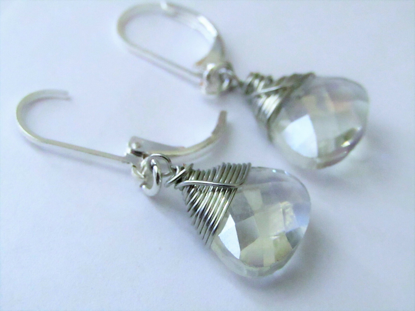 Clear AB Crystal Teardrop Silver LEVERBACK Dangle Earrings