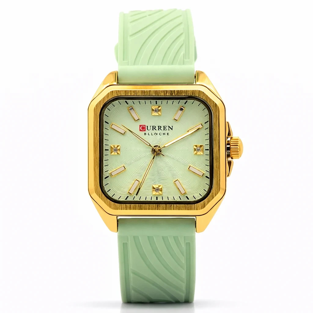 CURREN Women’s Mint Green Silicone Strap Watch Gold Square Quartz 3ATM