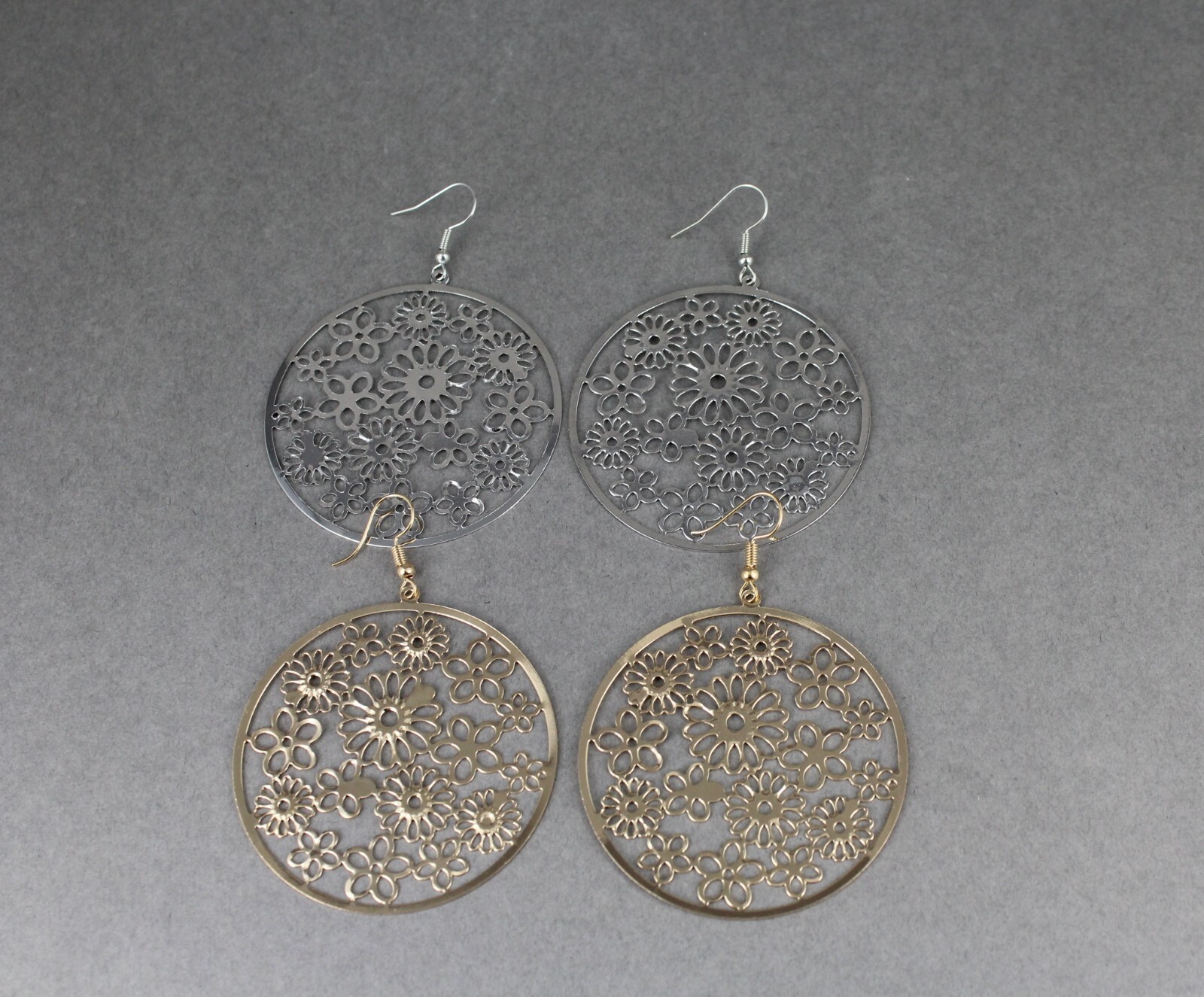 Silver flower filigree round disc earrings medallion 2.75″ long very lightweight