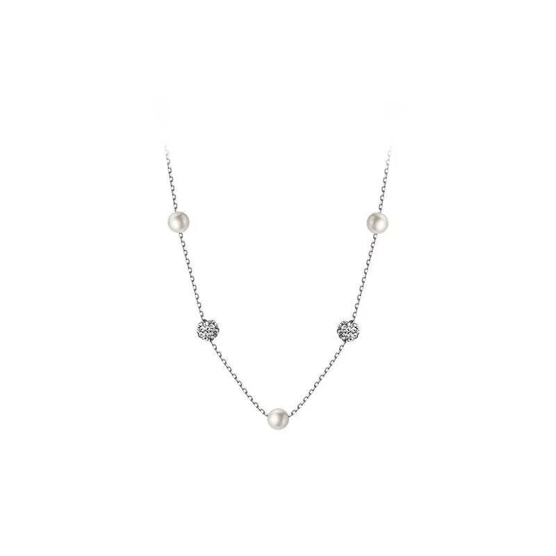 Woman Real S925 Sterling Silver Starry CZ Pearl Necklace Chain