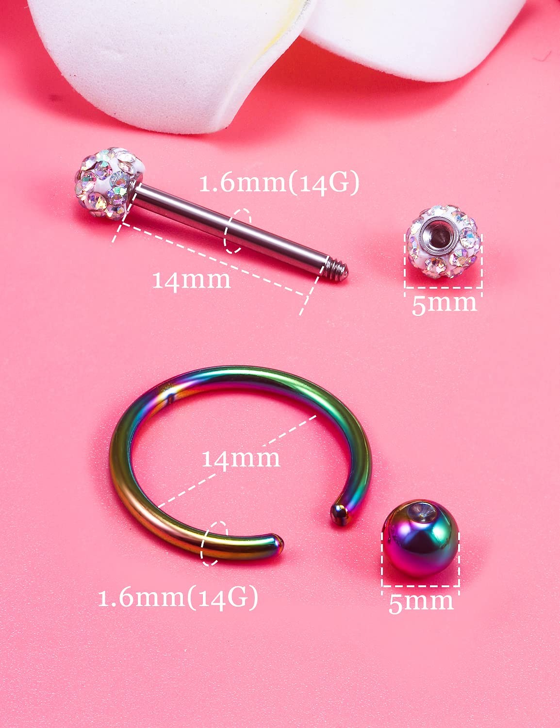 14G Nipple Rings Surgical Stainless Steel Barbells Hoops Tongue Jewelry 14mm 12