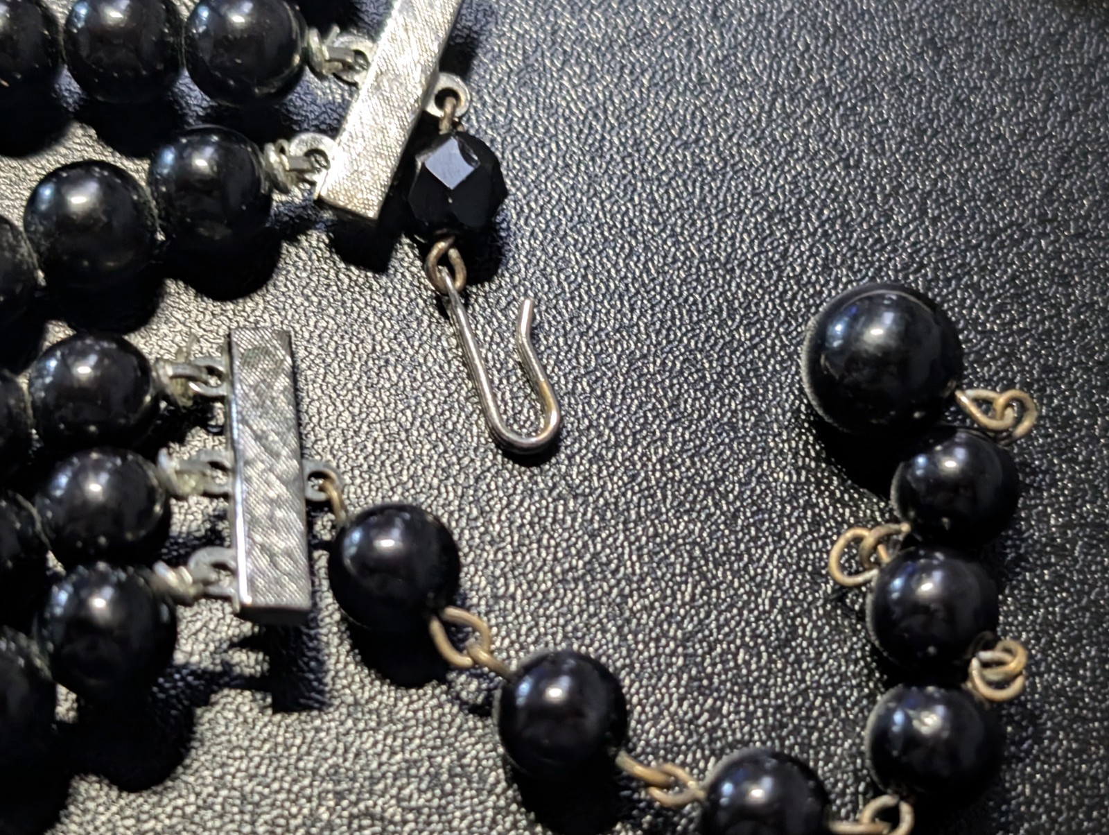 Vintage 1950s Black Aurora Borealis AB Crystal Bead Necklace 3 Strand Multi Bib