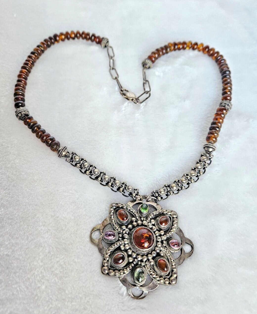 Vintage 925 Solid Sterling Silver Multicolor Amber Large Pendant Necklace