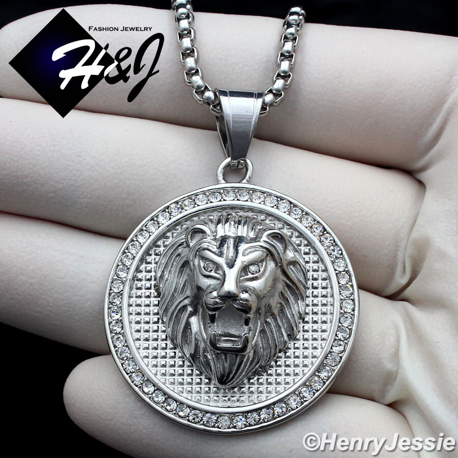 20″MEN Stainless Steel 4mm Silver Box Link Chain BLING CZ 3D LION Pendant*109