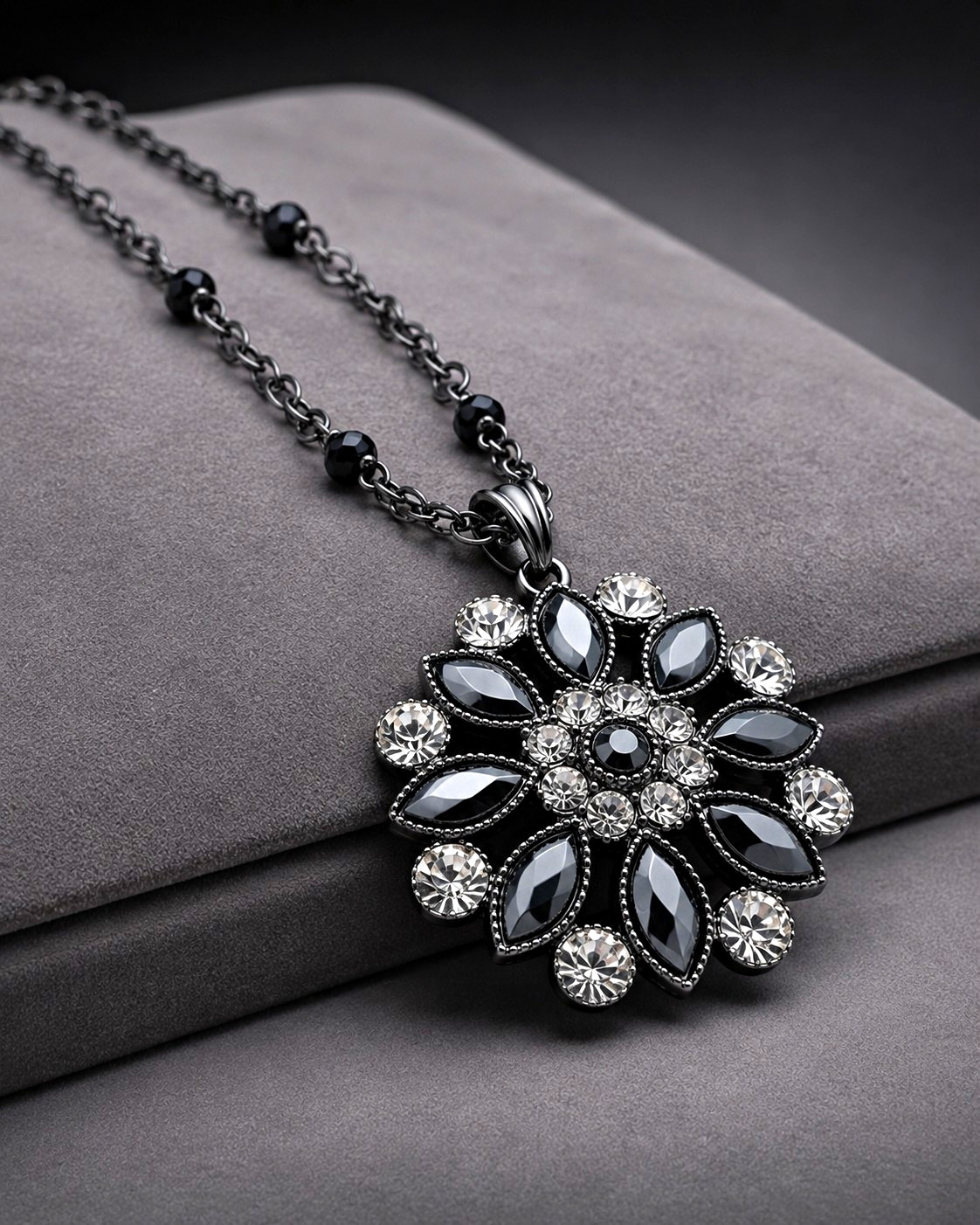 Vintage Chic Deco Lk Hematite 3D Black Rose Floral Star Crystal Pendant Necklace