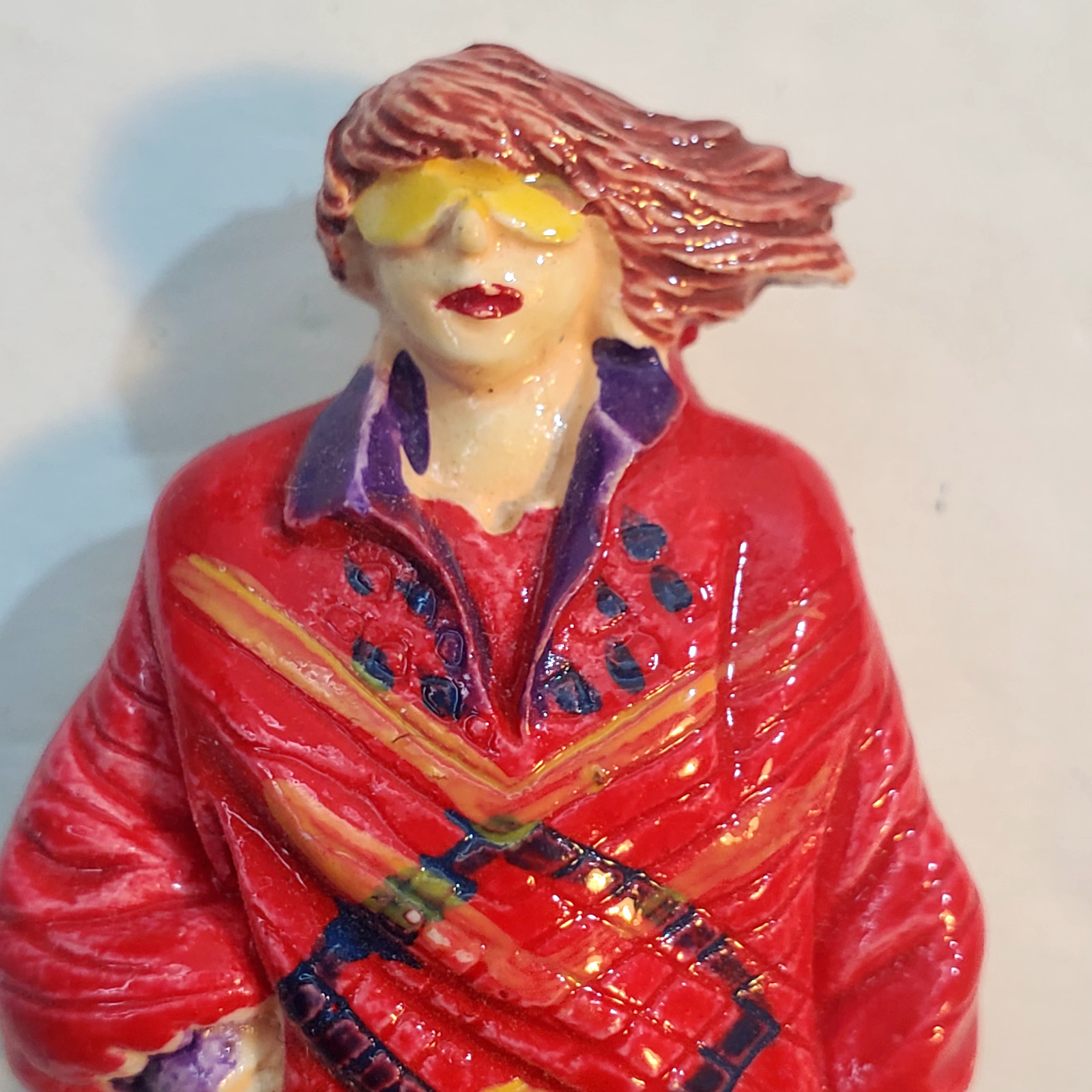 Vtg Molded Painted Plastic Resin Fashion Lady Red Sweater Jeans Boots Brooch Pin