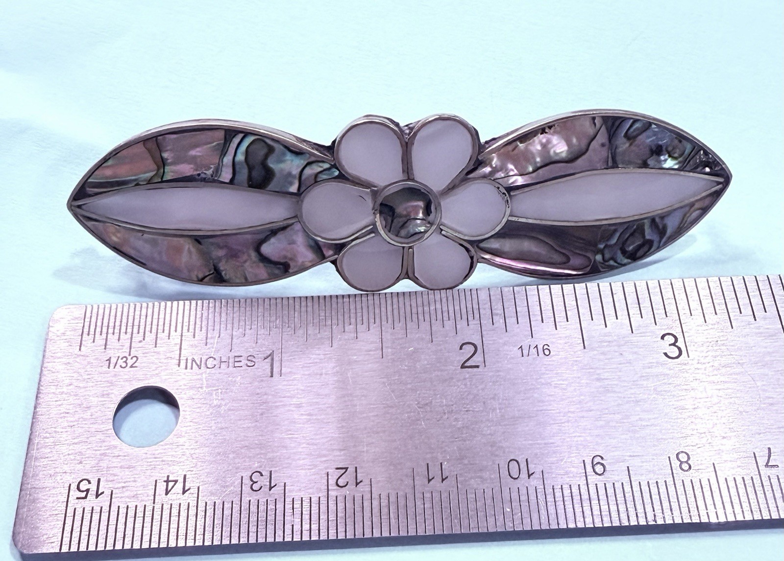 Abalone And Mother Of Pearl Shell Inlay Flower Hair Clip 3.5 Inches