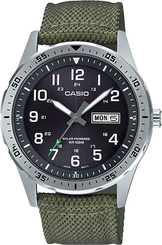 Casio Men’s Solar Day and Date Green Nylon Strap 42mm Watch MTPS120L-3AV