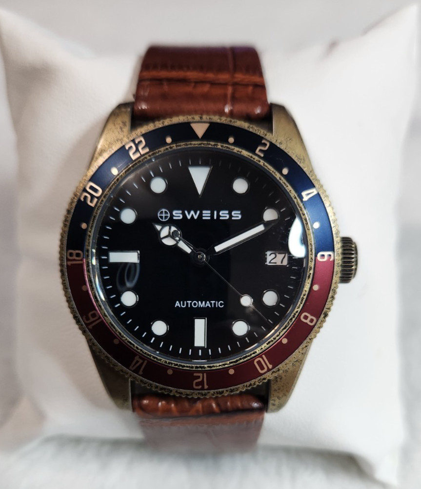 ⊕Sweiss & Co. Navigator 1954 Automatic Watch 39mm Bronze Blue/Red Pepsi Bezel