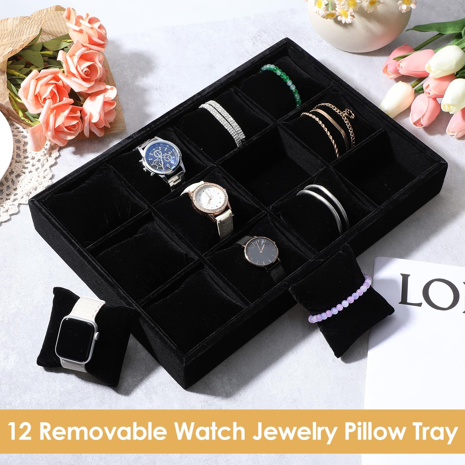 Tobeelec 2 Pcs Velvet Watch Tray Jewelry 13.77 x 9.44 x 1.96 inches, Black