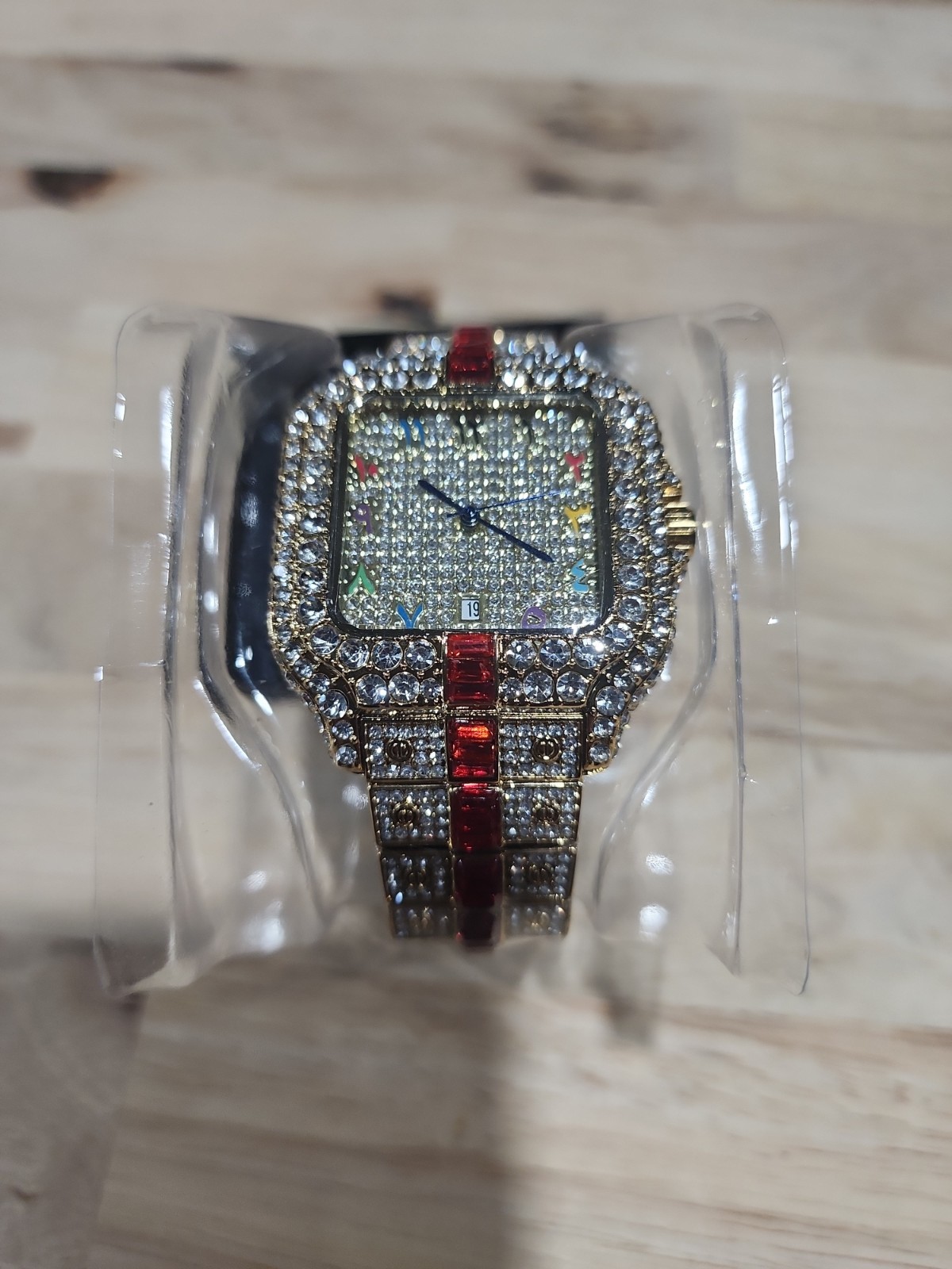 Men’s Fully Iced Out Quality Watch Bling Gold Simulated Diamond Red Stripe