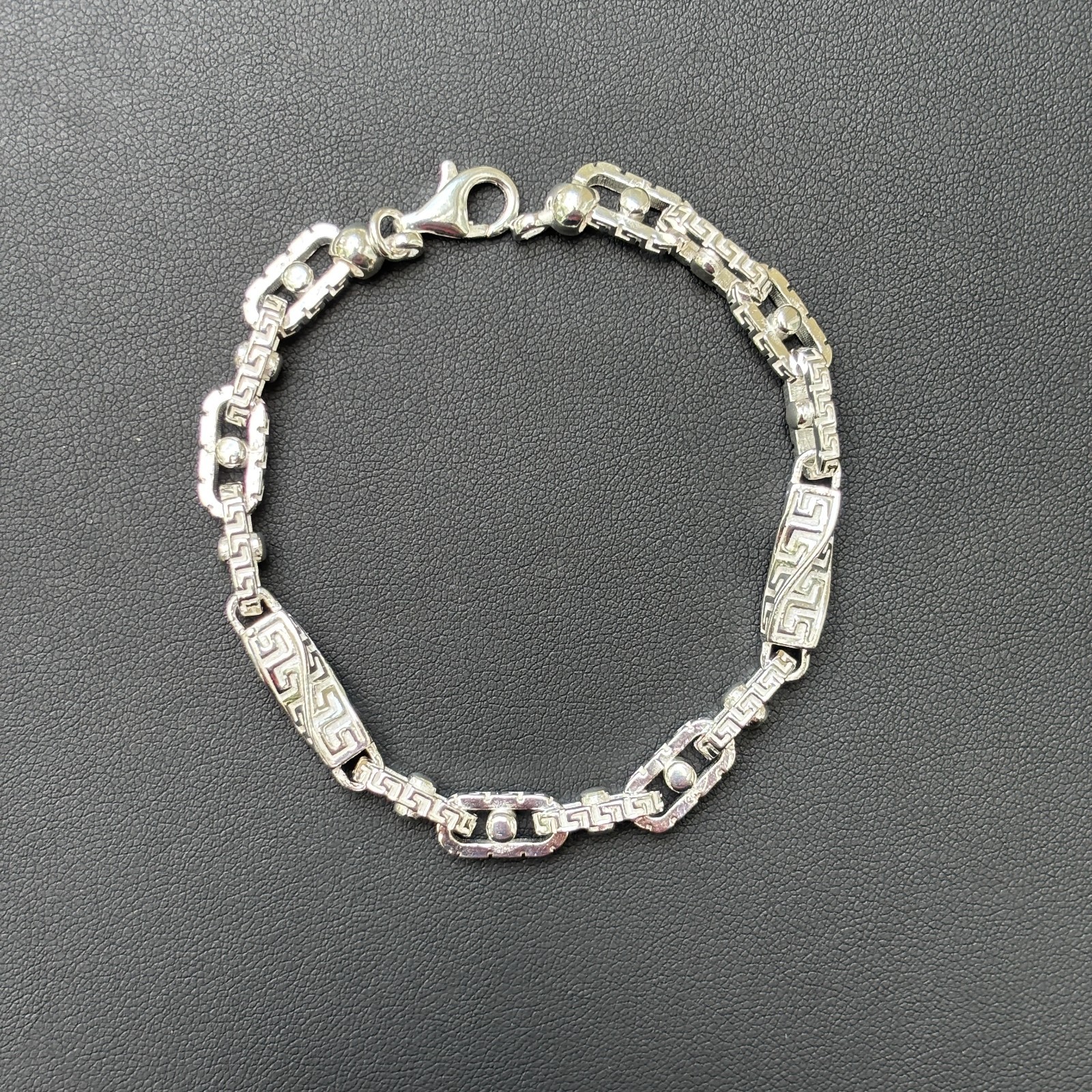 7mm Greek Key Rolo Link Bracelet – Real Solid 925 Sterling Silver MADFE IN ITALY