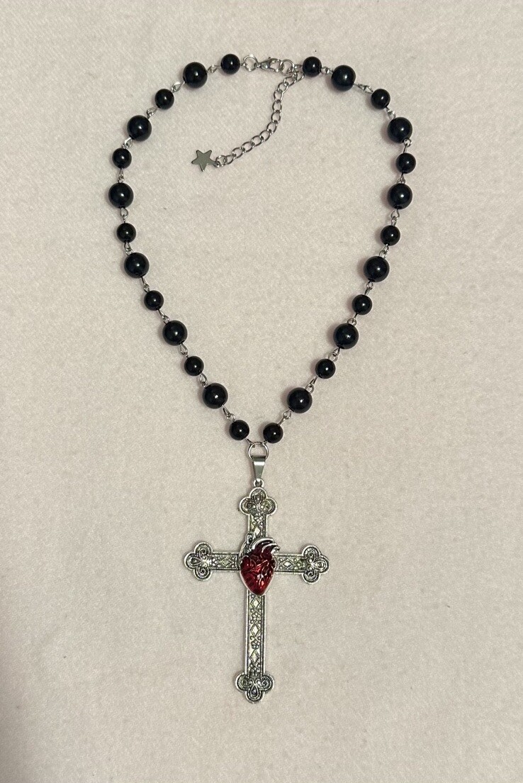 Large Victorian Cross Necklace Chain Silver Religious Gothic Grunch Whimsgoth
