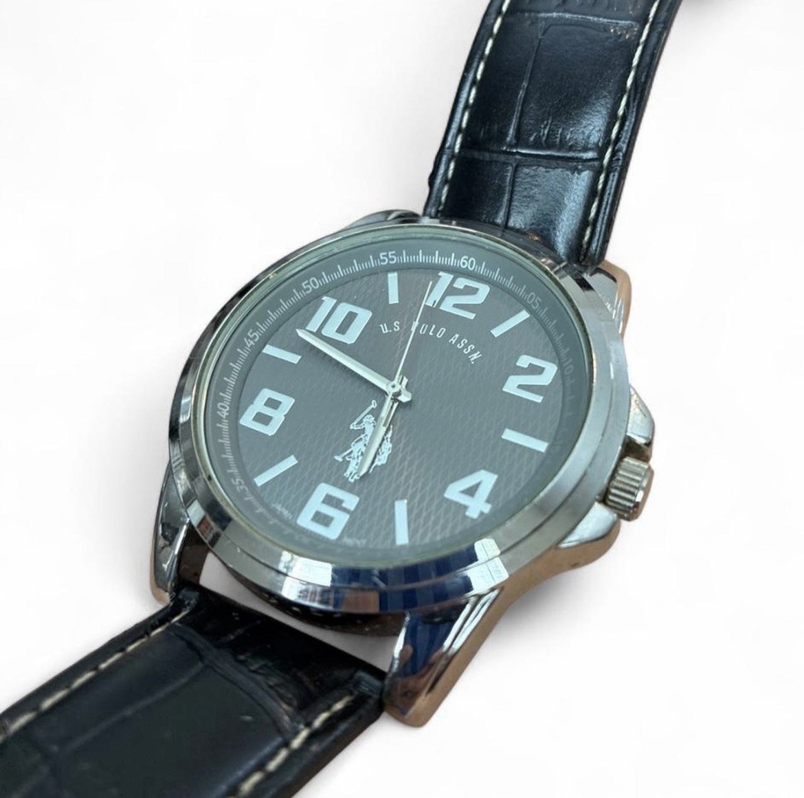 U.S. Polo Assn. Mens Quartz Watch Gray Textured Dial Black Leather Strap