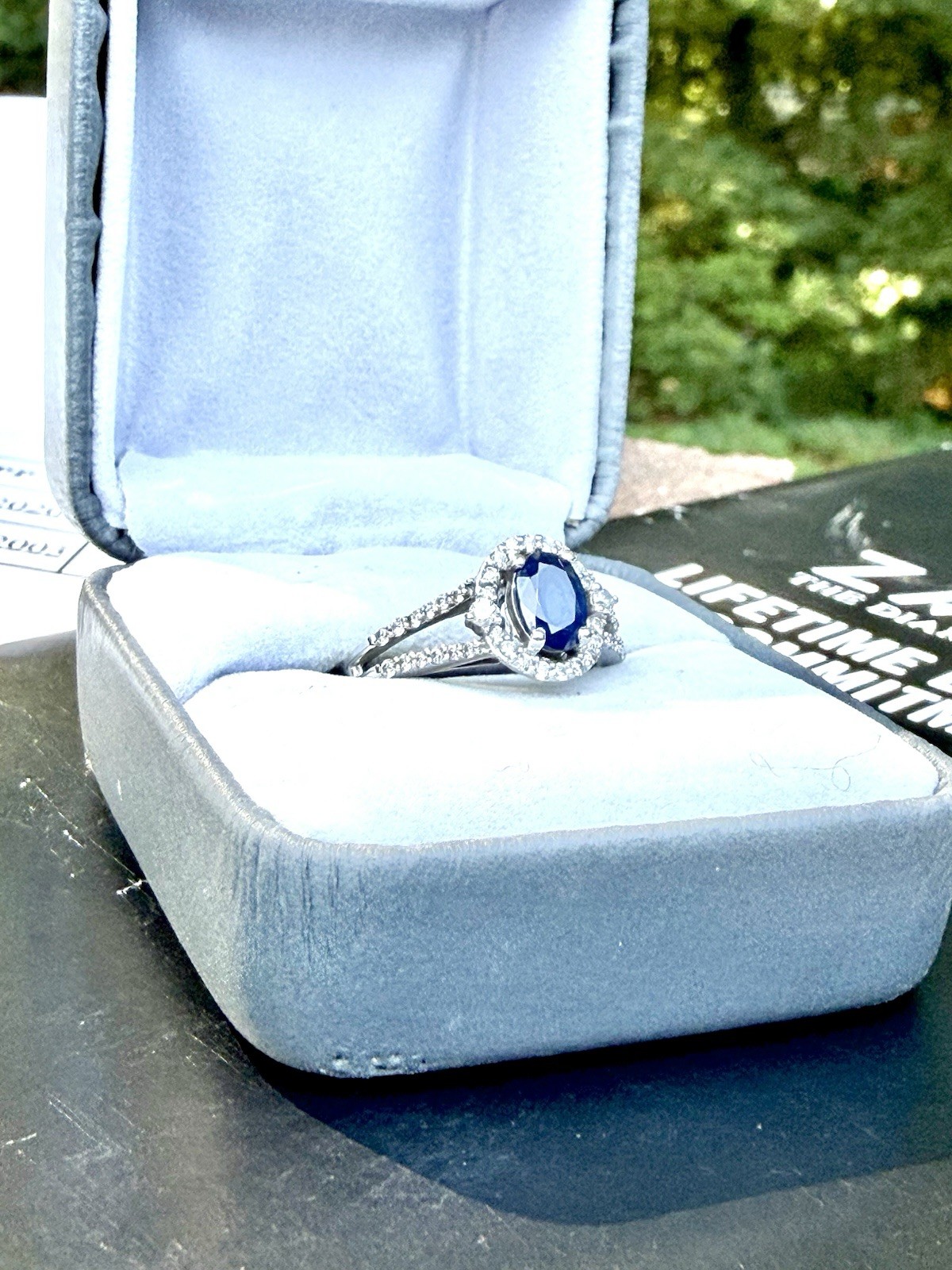 Zales Blue Sapphire Diamond Halo Engagement Ring 10K White Gold 1/3 CTW