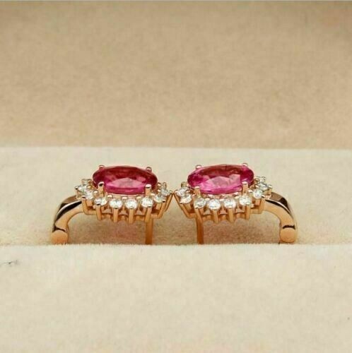 2Ct Oval Cut Simulated Pink Ruby Women’s Hoop Earring In 14K Yellow Gold Plated