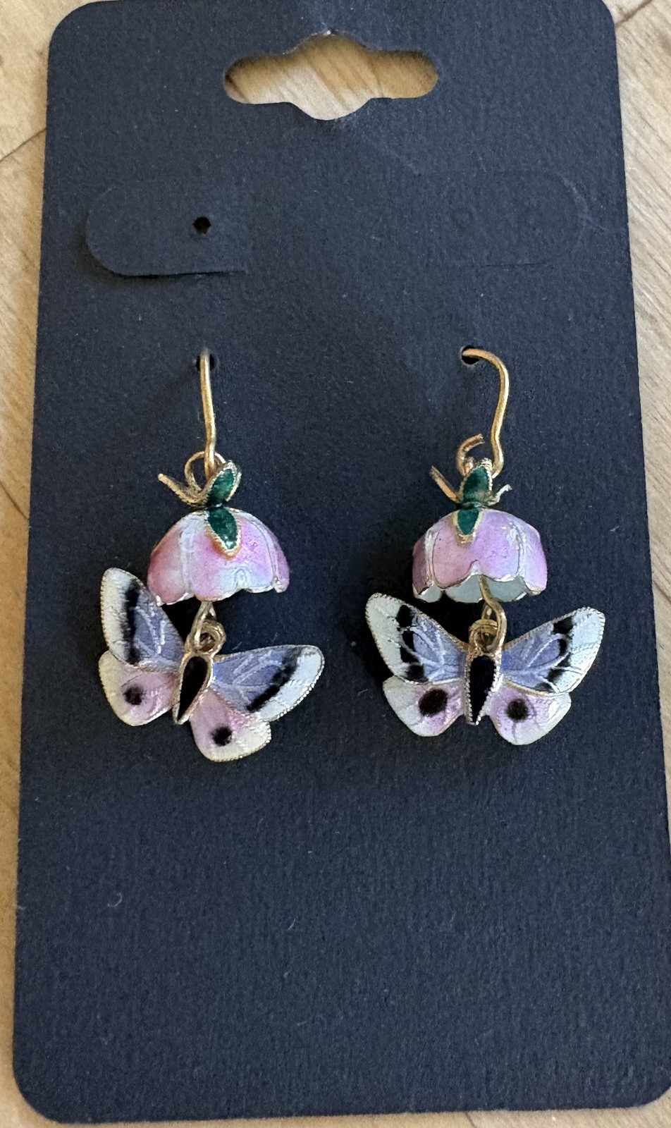 Dangly enamel sterling 925 vermeil unique butterfly in flower earrings
