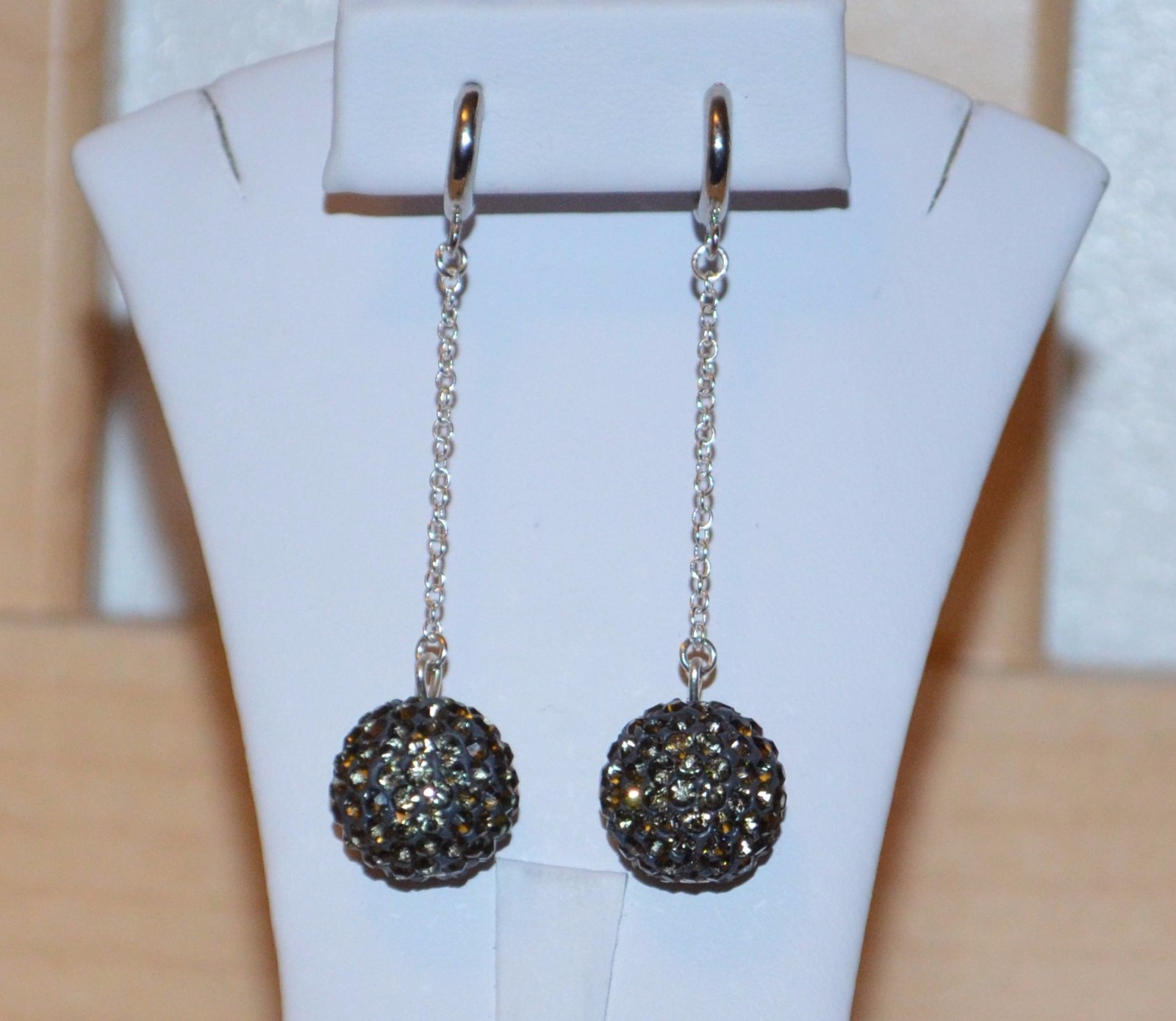 14mm Crystal Pave Rhinestone Beads Dangle Earrings in Silver Gold or Black