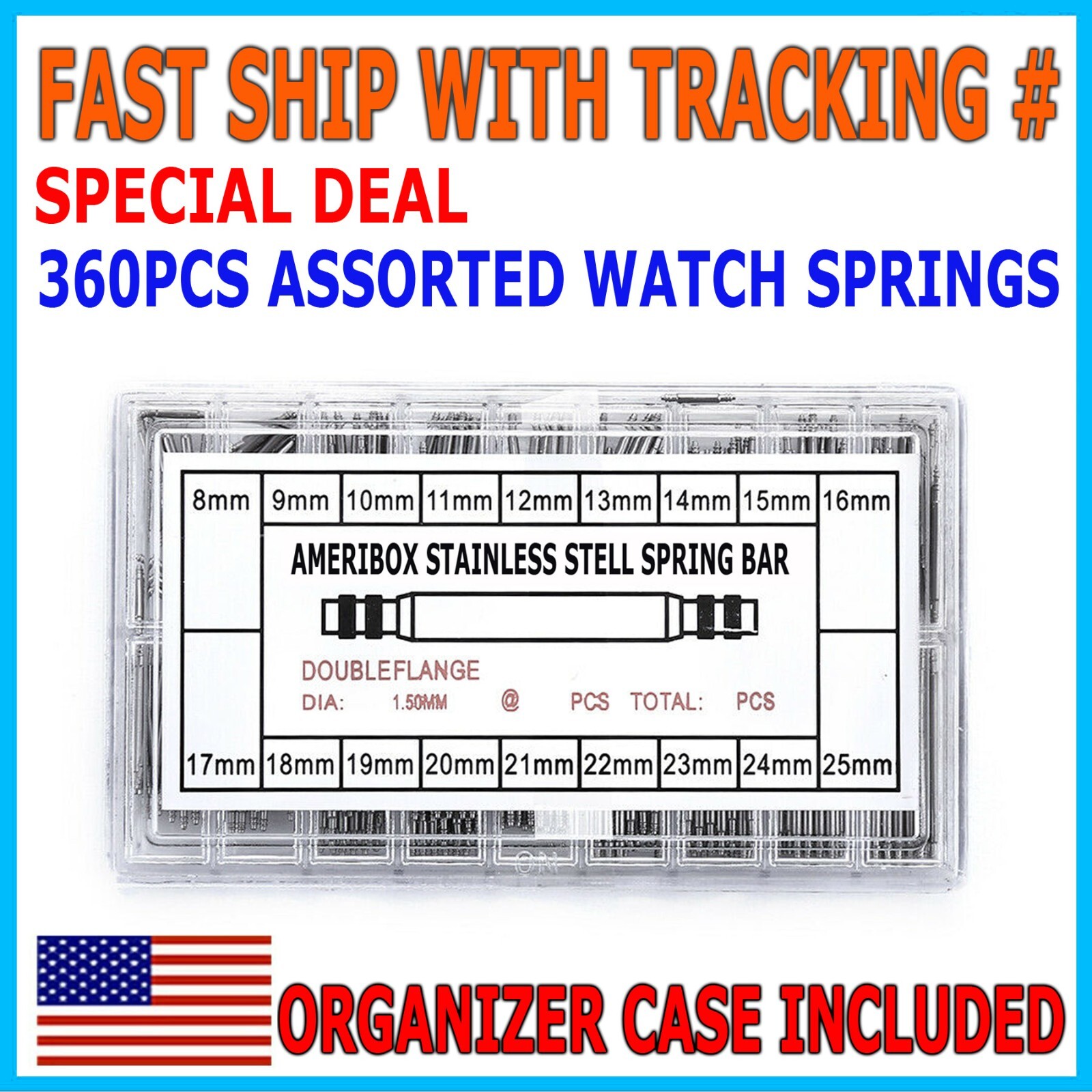 360pcs Watch PINS SPRING BARS Band Strap Link 8-25mm Repair Kit Stainless Steel