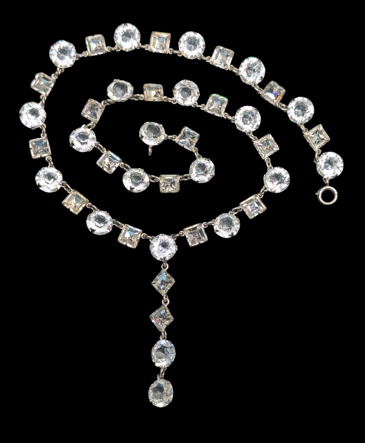 Vintage Y Drop Clear Glass Open & Closed Back Riviere Style Necklace 15″