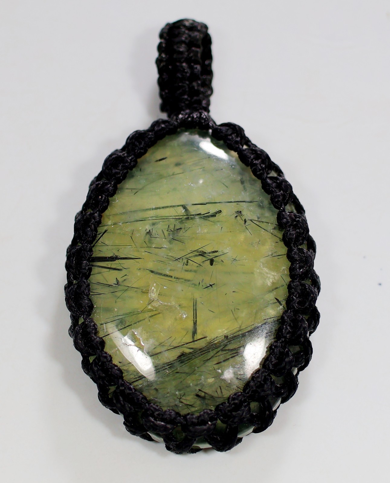 67 Ct 7X28X37 mm Natural Green Prehnite Oval Macrame Pendant 2.0″ KF-660