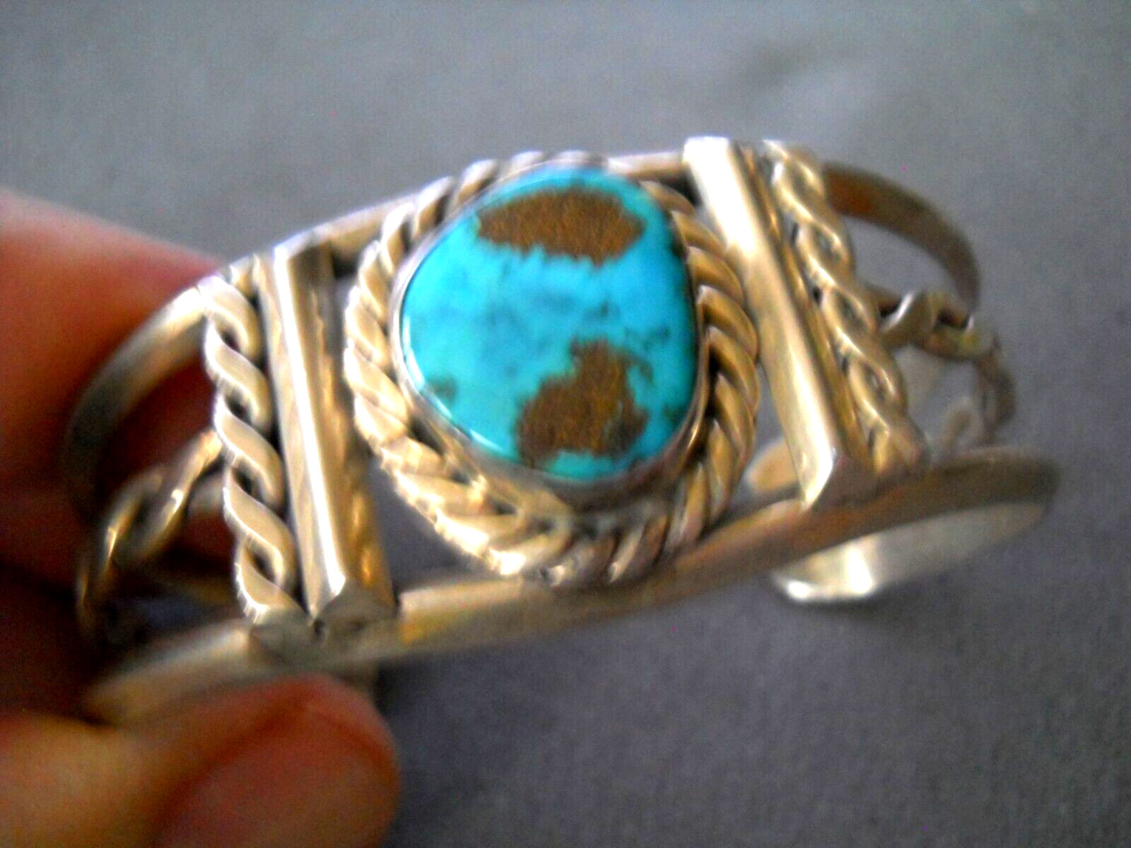 Native American Navajo Rich Blue Turquoise Sterling Silver Rope Cuff Bracelet