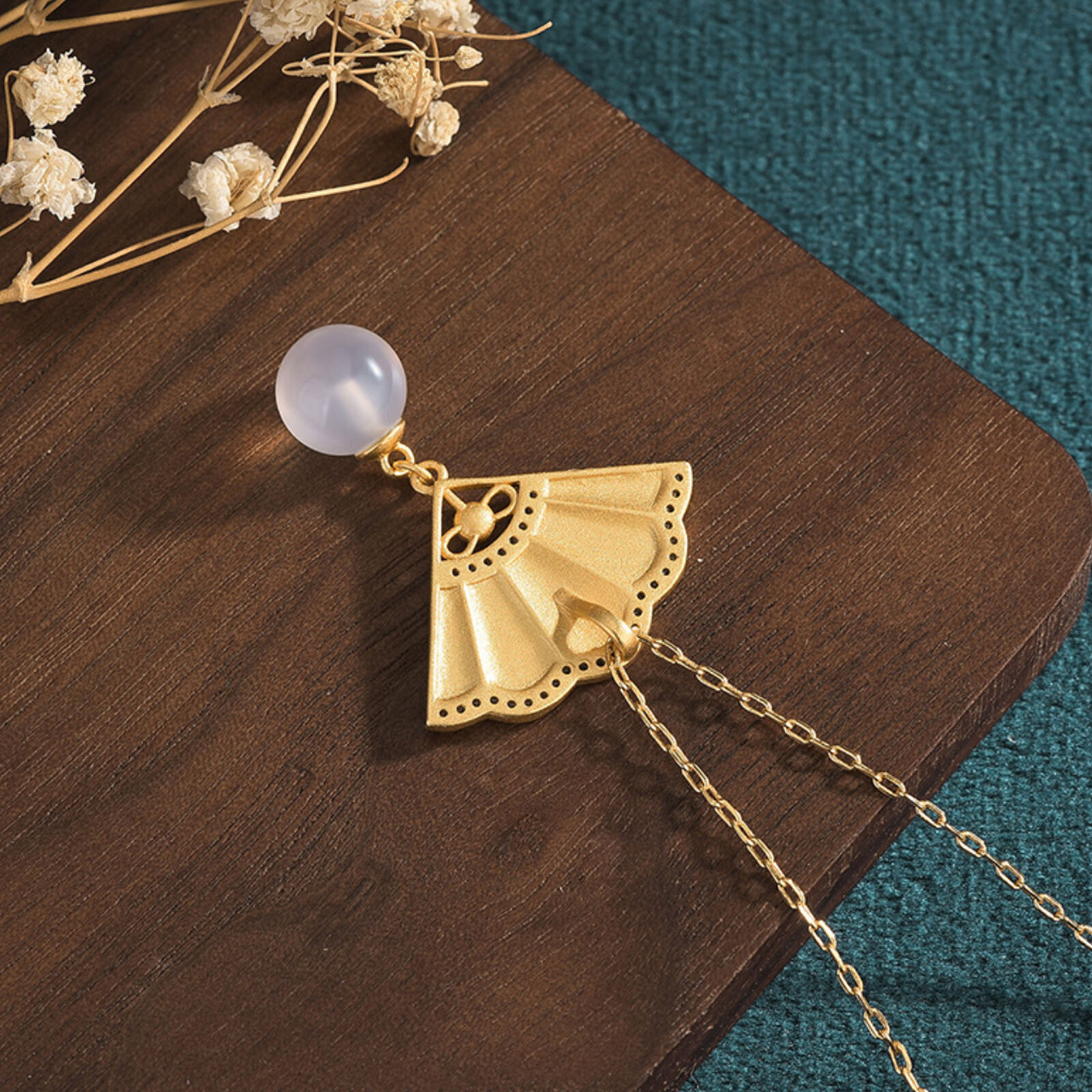 Jade Jewelry Cloisonne Fan Charm Pendant With Chain Necklace Gold Plated Gift