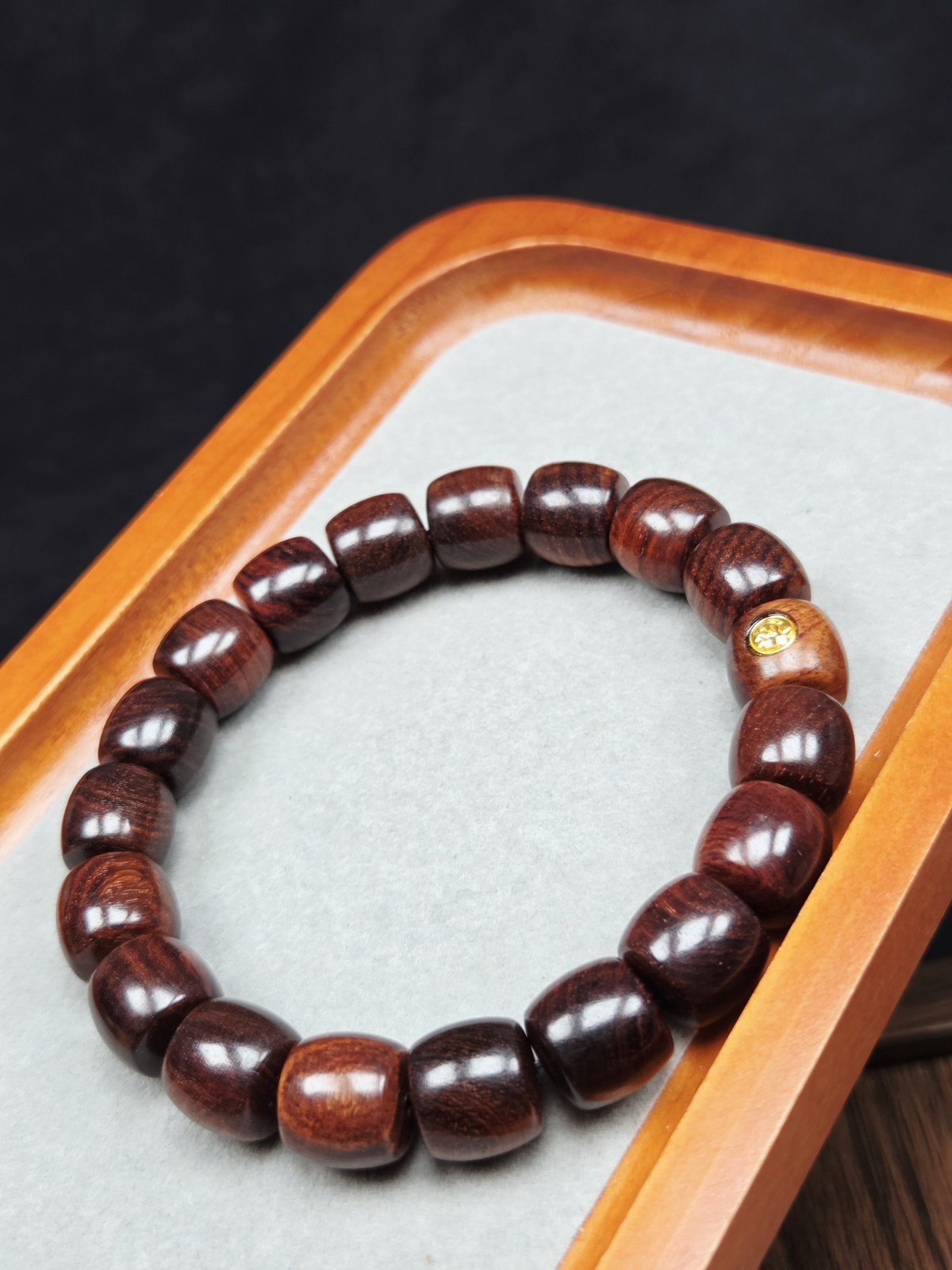 ​Heritage Crimson: 11.6mm Natural Rosewood Barrel Beads | Golden Emblem Zen…