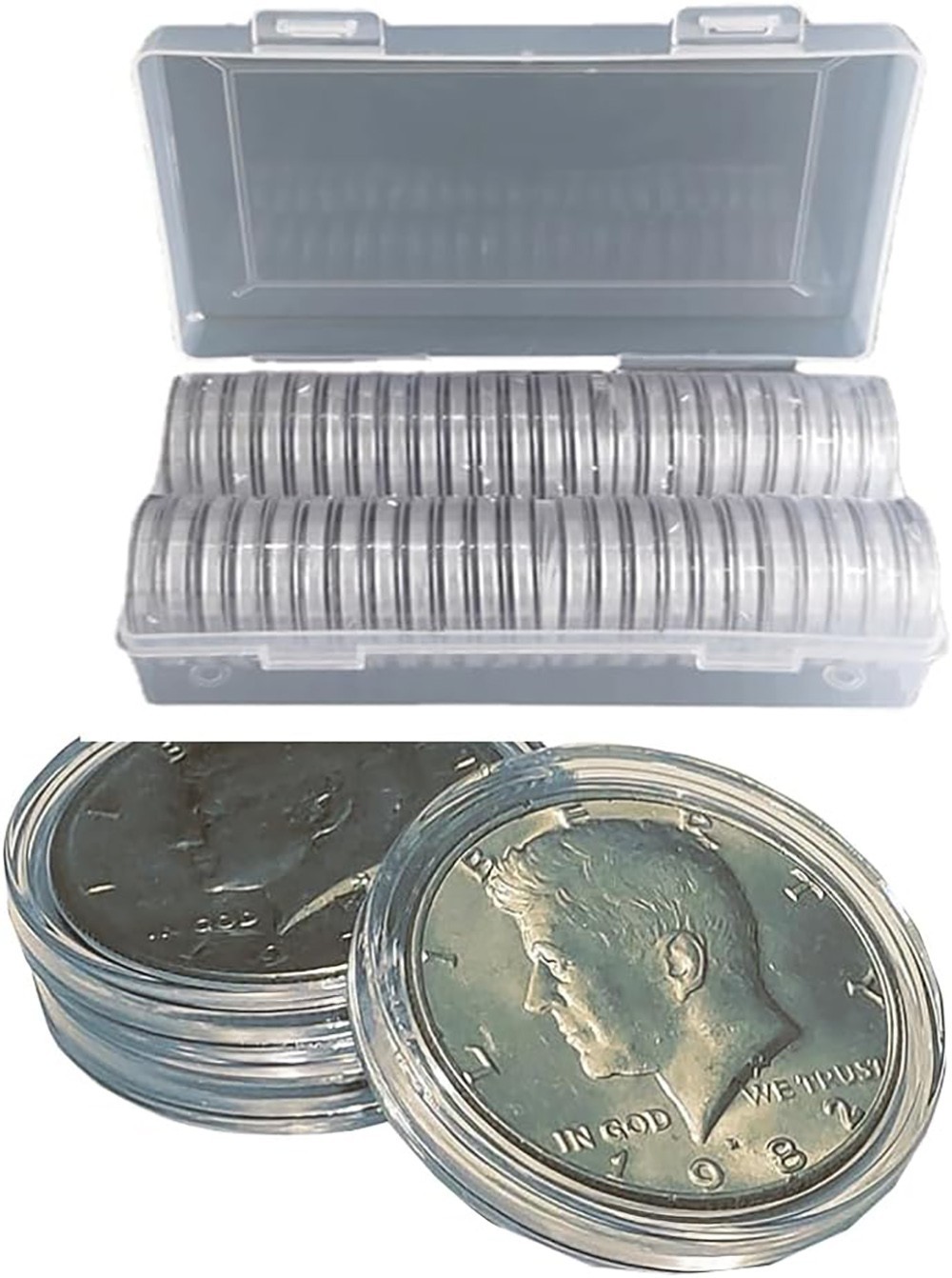 50PCS*40.6mm Coin Capsules Round Plastic Coin Holder White gaskets with Case Box