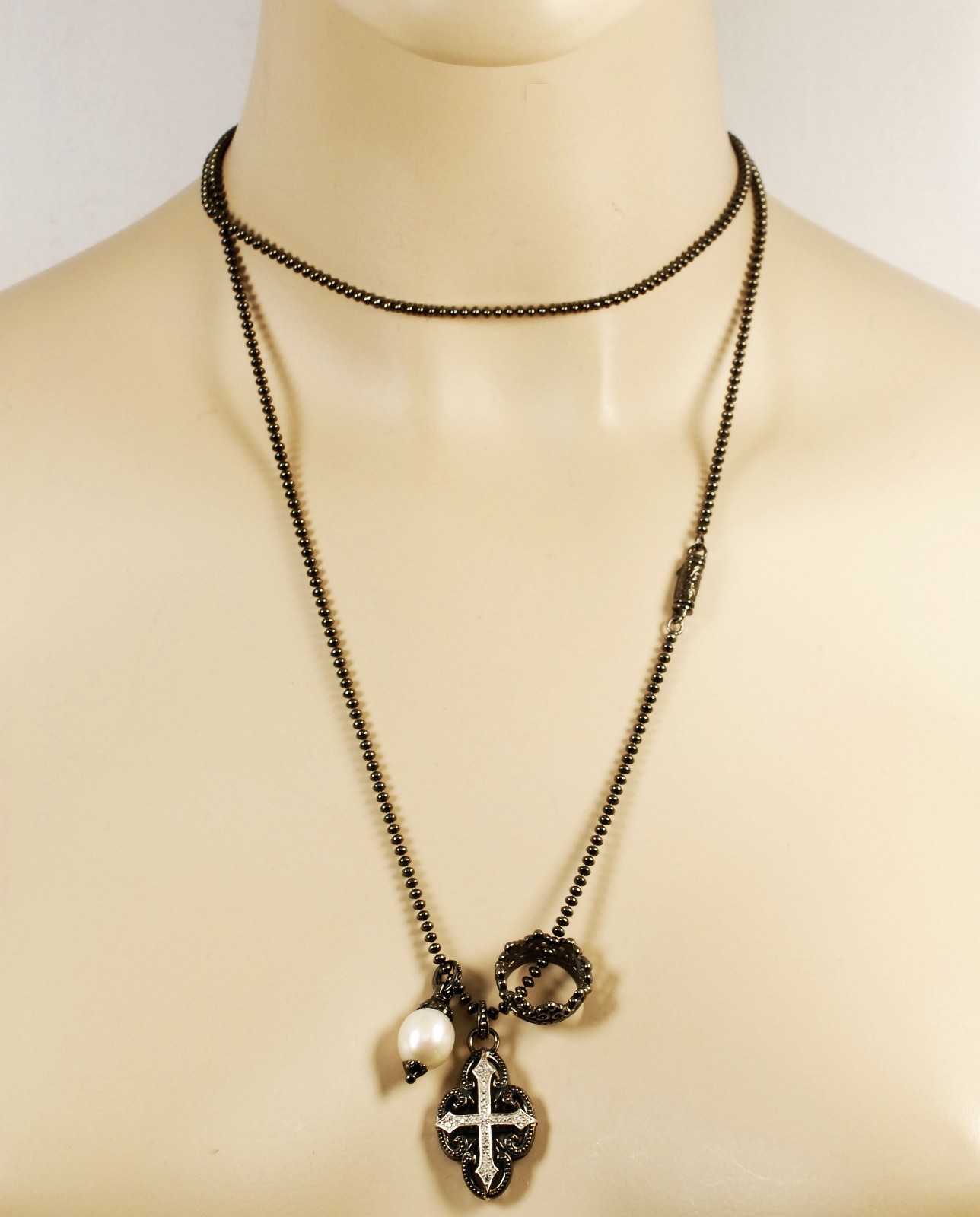$750 Scott Kay Ruthenium Ball Chain Pearl Cross Charm Necklace Women Lady Gift