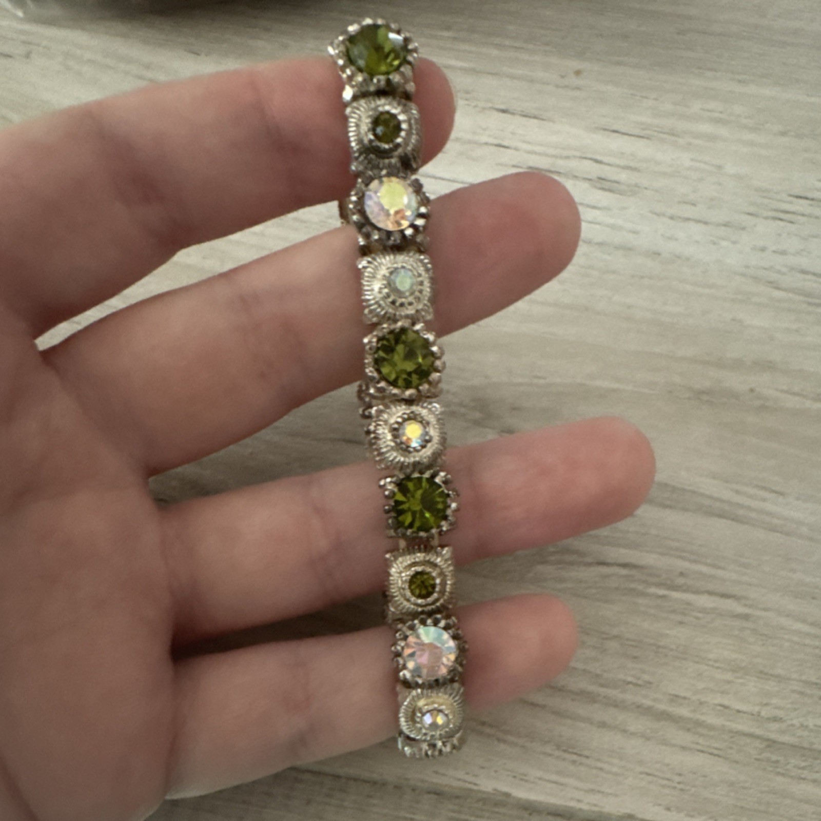 Silver Tone Stretch Tennis Bracelet Green & Clear Round Crystal Rhinestones